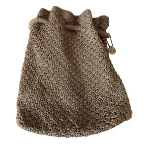 The Sak Crochet Drawstring Bucket Bag Tan Metallic Knit Boho Shoulder Tote Taupe